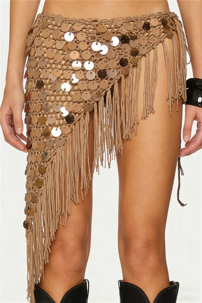 Women Boho Handmade Crochet Sequin Fringe Wrap Skirt Asymmetrical Tassel Beach Cover Up Summer Festival Streetwear