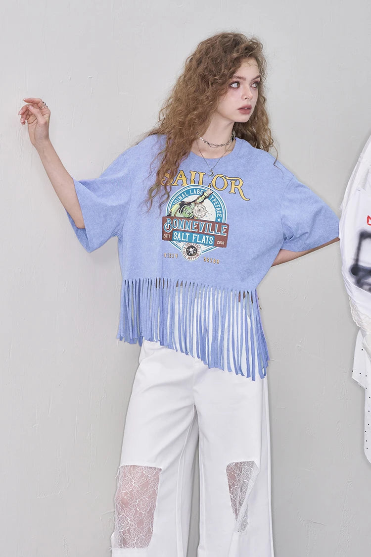2025 Summer New Arrivals Women's Fringe Graphic Print T-Shirt Relaxed Fit Statement Tee