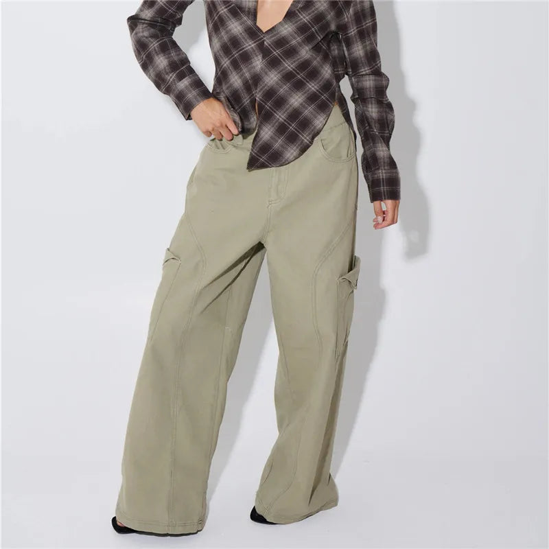 Vintage Y2K Women Baggy Wide Leg Cargo Pants Mid Rise Flap Multi Pockets Stitch Seam Loose Straight Trousers Streetwear