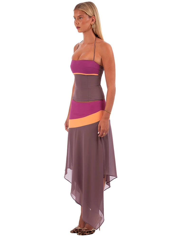 Women Color Block Sexy Two Piece Set Elegant Halter Crop Top And Midi Skirt Matching Sets Asymmetrical Hem Bodycon Set