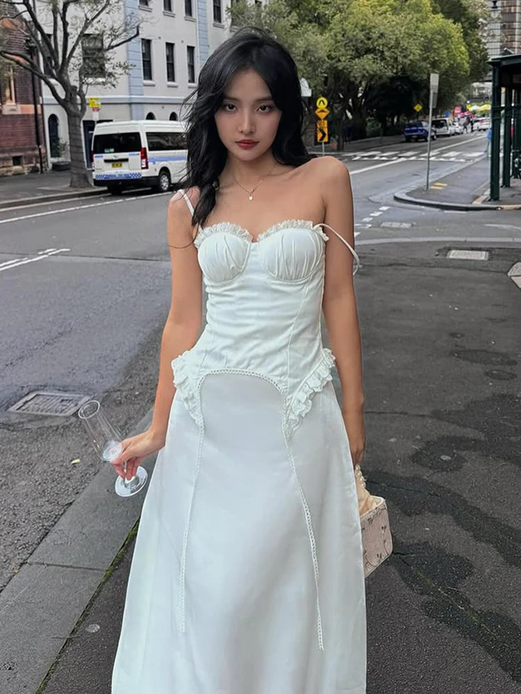 Patchwork Lace Camisole Women Fungus Edge Irregular Hem Tassel Folds Skinny Backless Low-Neck Summer Sexy Classic Tops