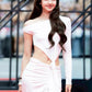 Elegant 2-Piece Set Women One-Sided Sleeve Skew Collar Irregular Folds t-Shirt+High Slit Long Skirt Autumn Suits