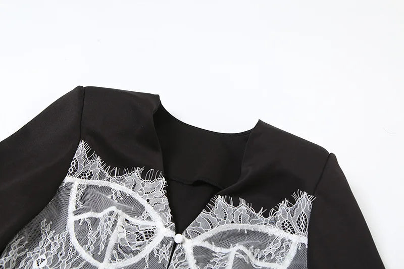 Lace Patchwork Black Blazer for Woman Jacket Long Coat Fall 2025 Fashion Elegant Tops for Woman Luxury