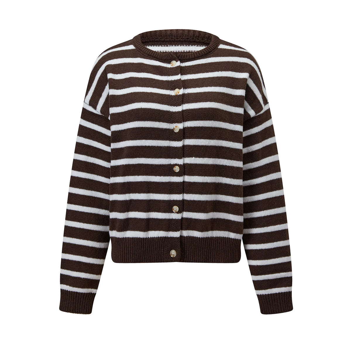 Womens Striped Knit Cardigan Round Neck Button Front Long Sleeve Loose Fit Casual Sweater Winter Fall Knit Outerwear