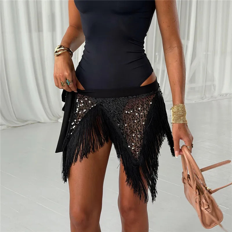 Sparkly Sequin Tassel Wrap Skirt Women Irregular Triangle Hem Side Tie Waist Skirt Rave Belly Dance Party Costume Outfit