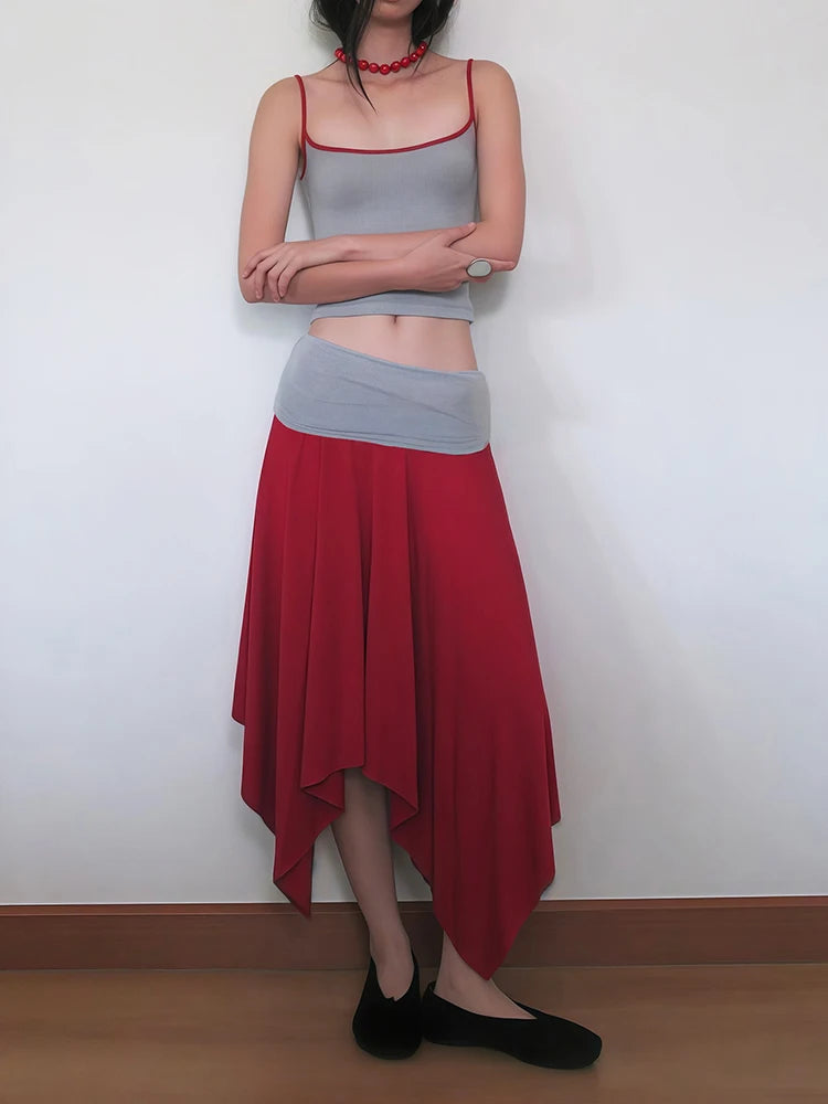 Color Blocking Design 2 Piece Set Woman Low-Neck Backless Navel Exposed Tops+Irregular Hem Long Skirts Elegant Suits