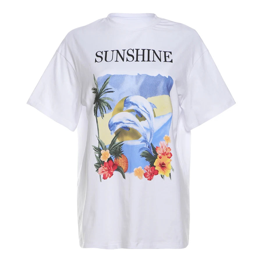 Picture-Print T-Shirt Woman Summer O-Neck Short-Sleeve Casual Wild Fashion Trend Cotton Streetwear Comfort Tee Top