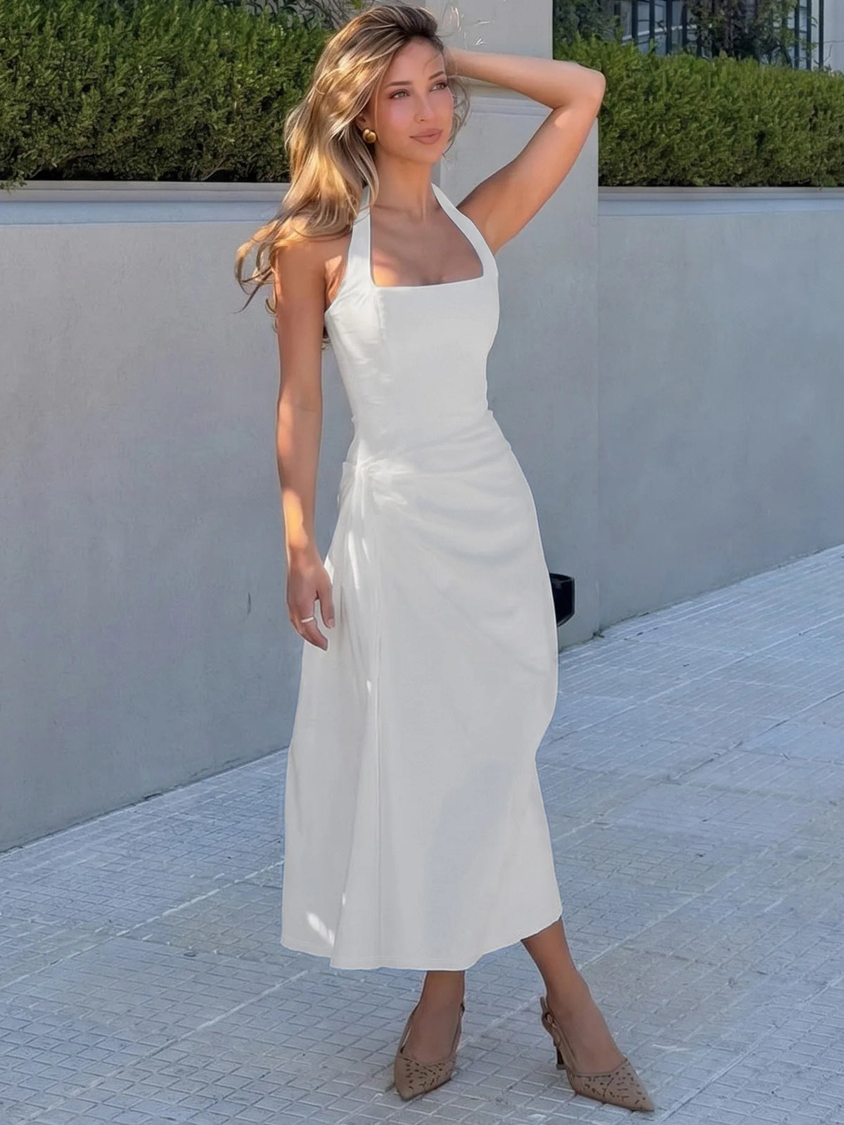 Square Neck Halter Backless Long Dresses Elegant White A Shape Dress Woman Summer Clothing 2026