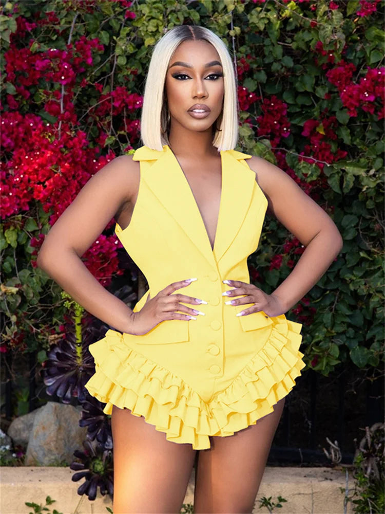 Solid Tierred Playsuits Women Lapel Neck Single-Breasted Sleeveless Skinny Peach Hip Hot Girls Street Hipster Romper