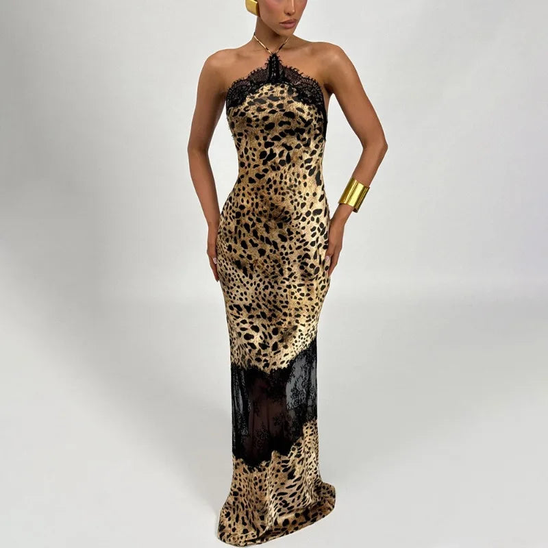 Leopard Print Satin Lace Patchwork Evening Dresses 2026 Sexy Elegant Halter Backless Maxi Dress