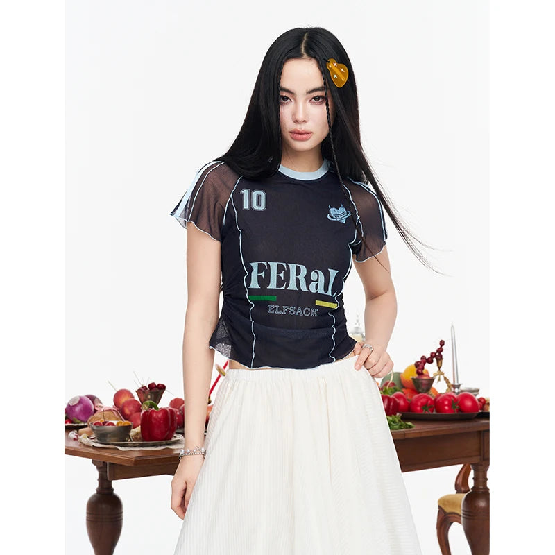 Sporty Jersey Style T-shirt, Slim V-neck Number Print Tee, Y2K Letter Graphic Cropped Top for Women