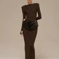 Draped Long Sleeve Slit Maxi Dresses for Woman Party Evening Elegant Dress Brown Burgundy