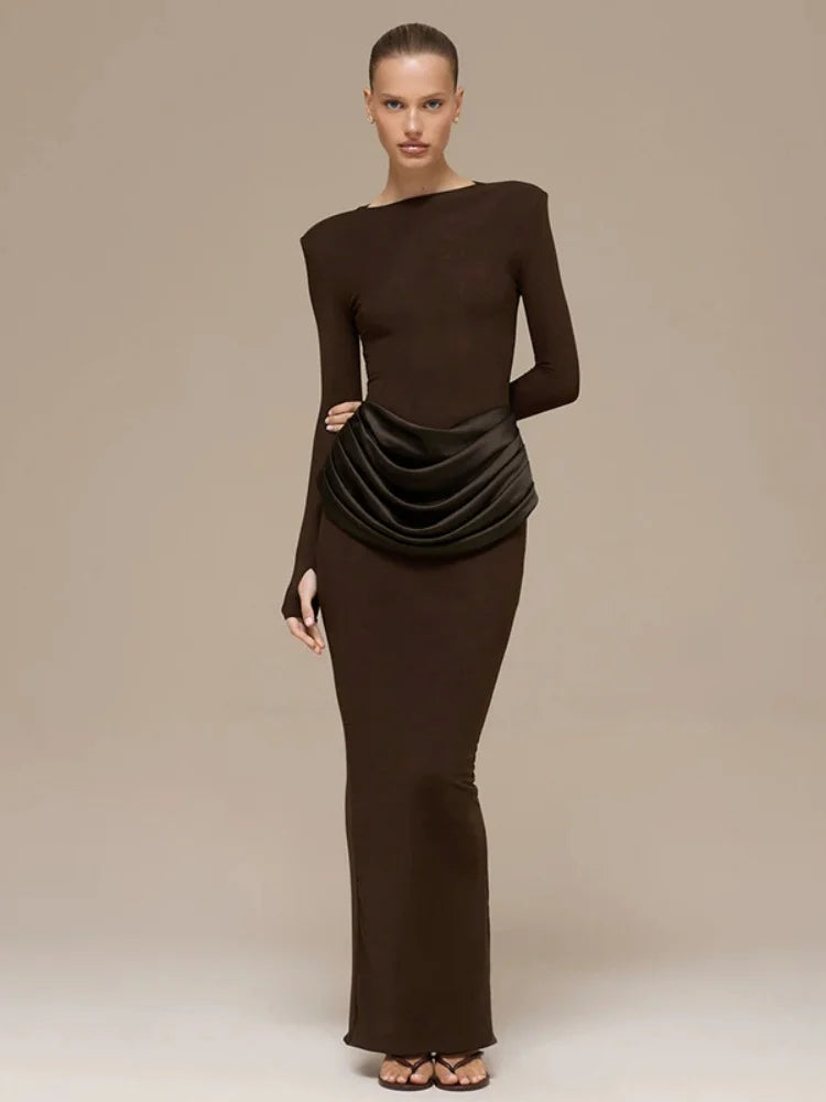 Draped Long Sleeve Slit Maxi Dresses for Woman Party Evening Elegant Dress Brown Burgundy