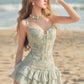 Patchwork Ruffles Dress Women Flower Decoration Cross Bandage Sleeveless Slim Sweet Summer Beach Party Mini Bodycon
