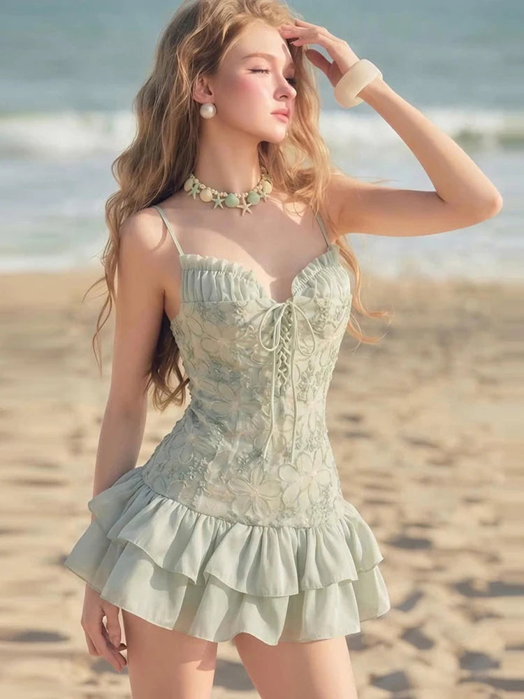 Patchwork Ruffles Dress Women Flower Decoration Cross Bandage Sleeveless Slim Sweet Summer Beach Party Mini Bodycon