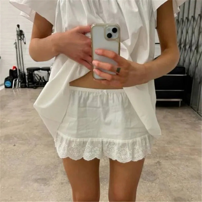 Women Y2k Lace Trim Mini Skirt Floral Eyelet Embroidery Half Slip Underskirts Cute Low Rise Summer Skater Skirt