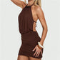 Women Brown Halter Mini Dress Beaded Neckline Open Back Ruched Bodycon Dress Sleeveless Tie Back Party Club Outfit