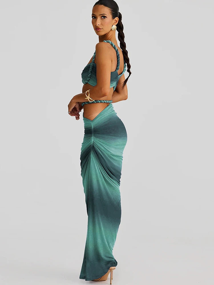 Plait 2 Piece Set Women Square Collar Folds Bandage Bow Bra+Skinny Long Skirts 2025 Summer Party Vacation Beach Suits