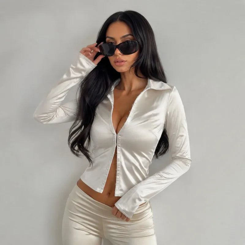 Women's Blouses and Shirts White Satin Fitted Long Sleeve Tops for Woman Clothing Autumn 2026
