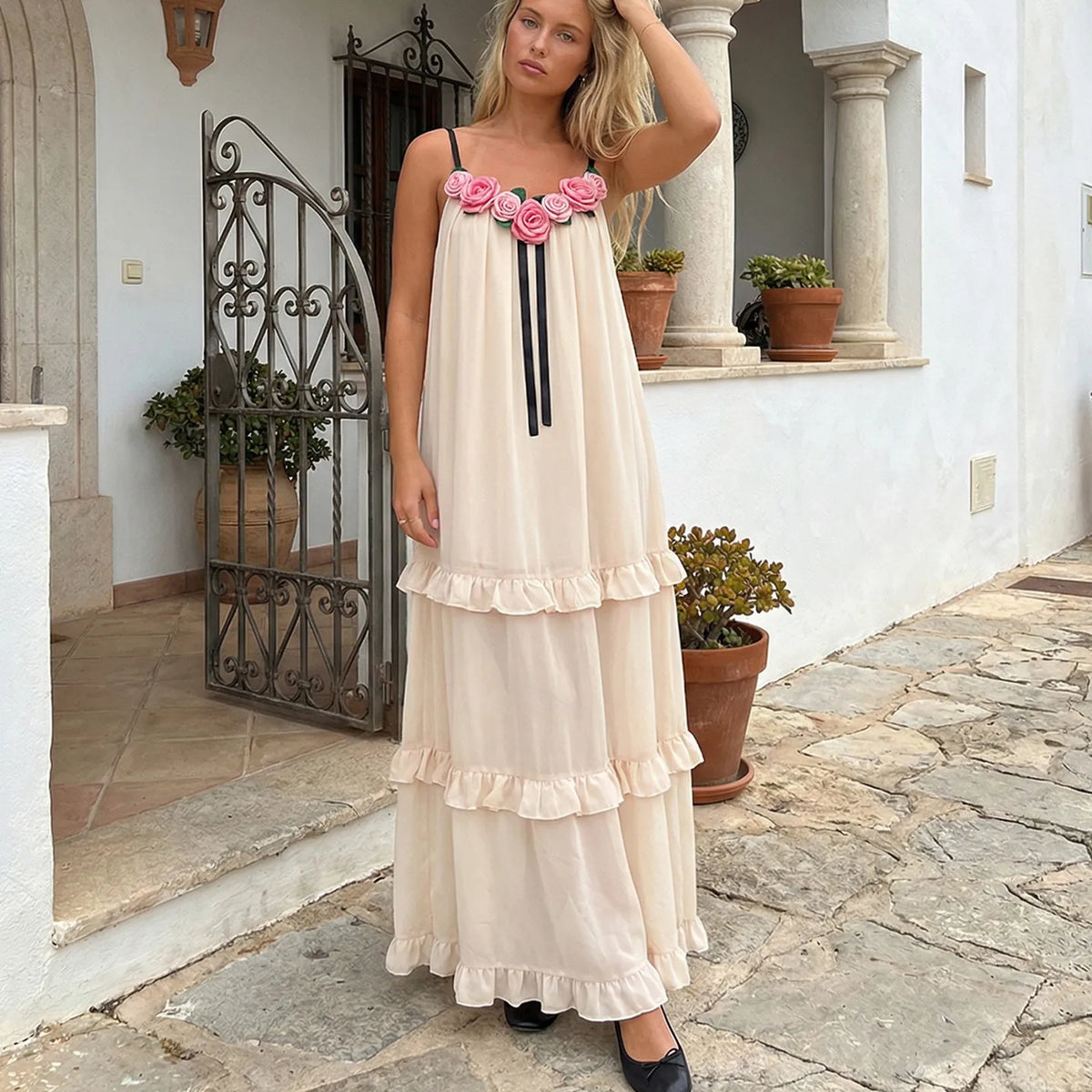 Women Long Dress 3D Floral Decor Sleeveless V-Neck Cami Dress Summer Fashion Ruffles Casual Spaghetti Strap Party Dress