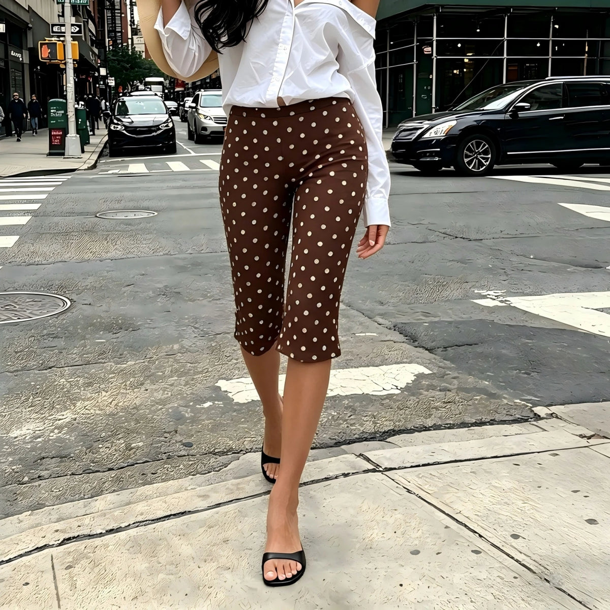 Women Y2K Polka Dot Print High Waist Cropped Pants Slim Fit Bodycon Capri Trousers Retro Streetwear Casual Daily Outfit