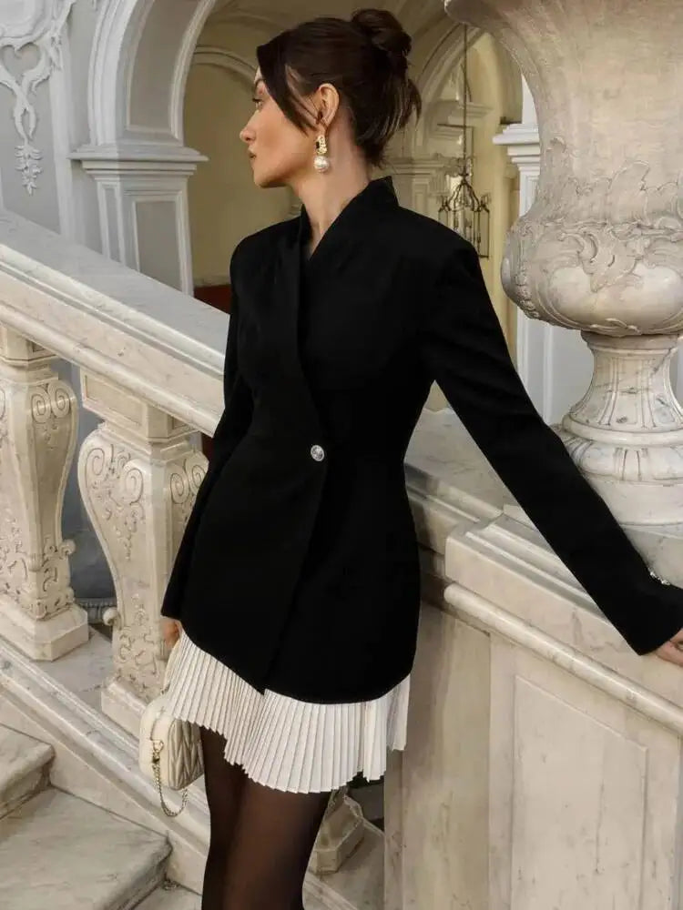 Patchwork Long Sleeve Sexy Blazer Dress Women Elegant V Neck Single-button High Waist Slim Blazers Dresses Female