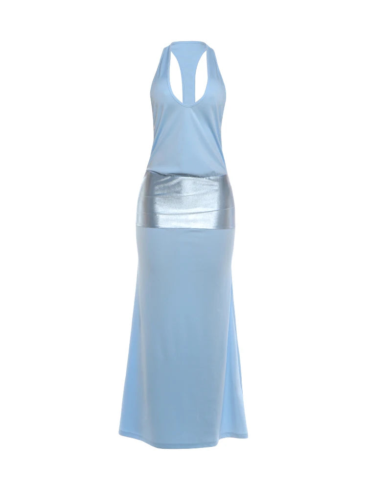 Silky Stain Patchwork Gown Dress Woman Summer Trend Low-Neck Backless Sleeveless Evening Party Elegant Long Bodycon