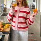 Women Fuzzy Mohair Knit Cardigan Striped Round Neck Button Front Cropped Sweater Long Sleeve Y2K Retro Streetwear Jacket