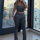Polka Dot Print 3-Piece Set Women Simple Headband+Square Collar t-Shirt+Elastic Waistbell-Bottoms Sporty Style Suit