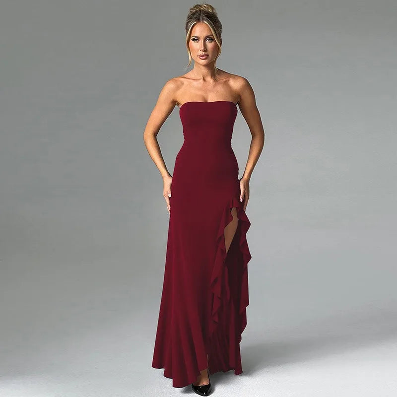 Strapless Ruffled Split Long Dresses Burgundy Black Elegant Evening Gown Party Dresses Woman Clothing