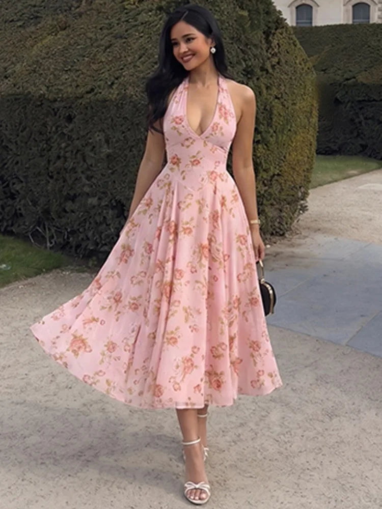 Halter Floral Print Sexy Midi Dress Women Elegant Deep V Neck Off-shoulder Sleeveless Backless Pleated Club Party Dress
