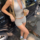 Casual Fashion 2 Piece Set Woman Halter Low-Neck Backless Single-Breasted Tank Tops+Skinny Mini Shorts Streetwear