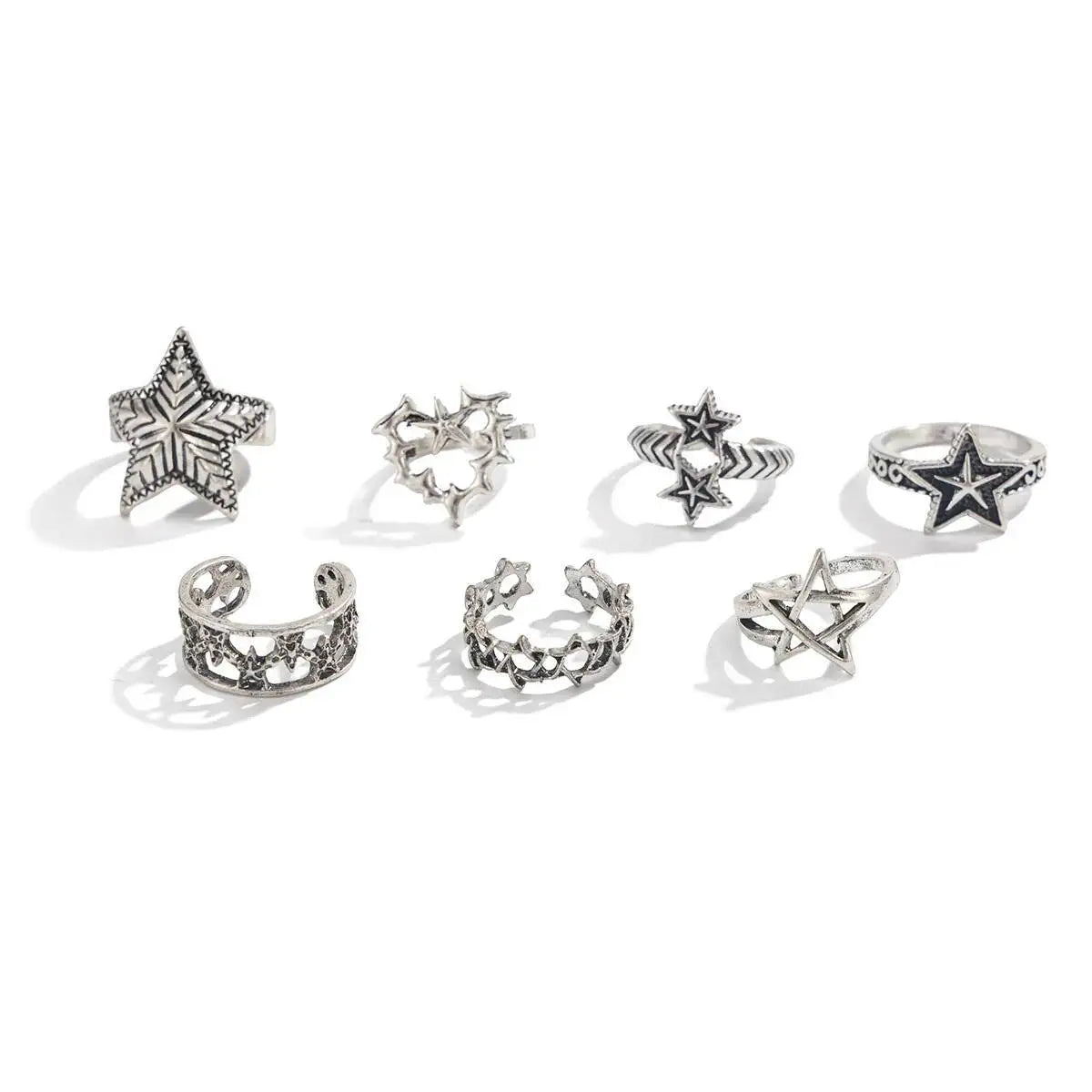 7Pcs/Set Gothic Five-Pointed Star Adjustable Open Rings For Men Trendy Punk Love Heart Finger Ring Daily Party Jewelry New