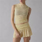 Women Heather Knit Sheer 2Piece Outfit Off Shoulder Ruched Crop Top Ruffle Fold Waist Skort Set Casual Summer Streetwear