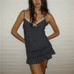 Summer Women Striped Polka Dot Print Bodycon Mini Dress Lace Trim Spaghetti Strap Ruffle Hem Bow Y2K Coquette Dress