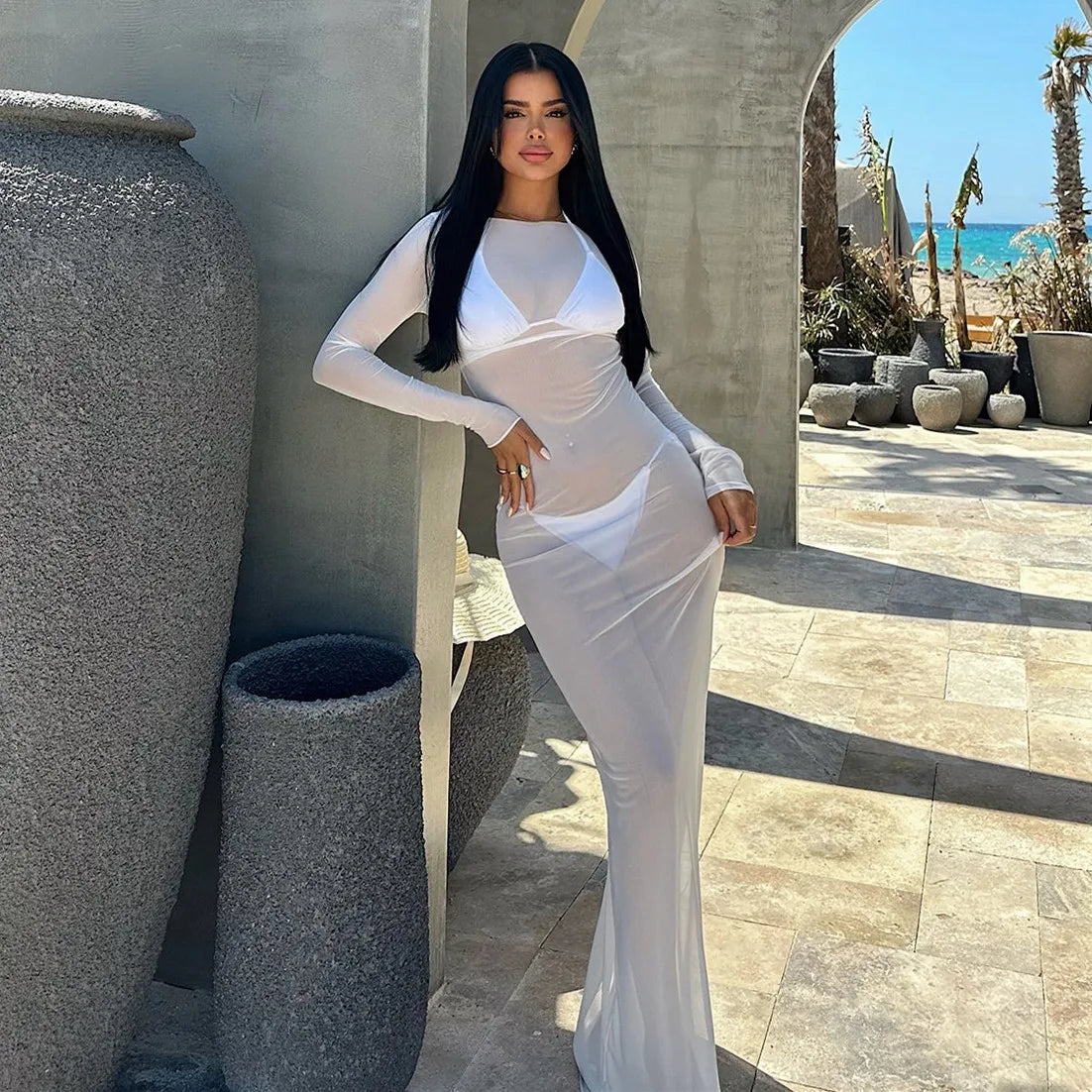 Women Slash Neck Mesh See-Through Dress New Sexy Slim Pullover Long Sleeve Floor-Length Solid Dresses Beach Cover ups