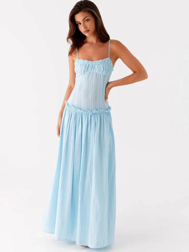 Elegant Spaghetti Strap Sexy Maxi Dress Women Gown Fashion Off-shoulder Sleeveless Backless Pleated Club Long Dresses