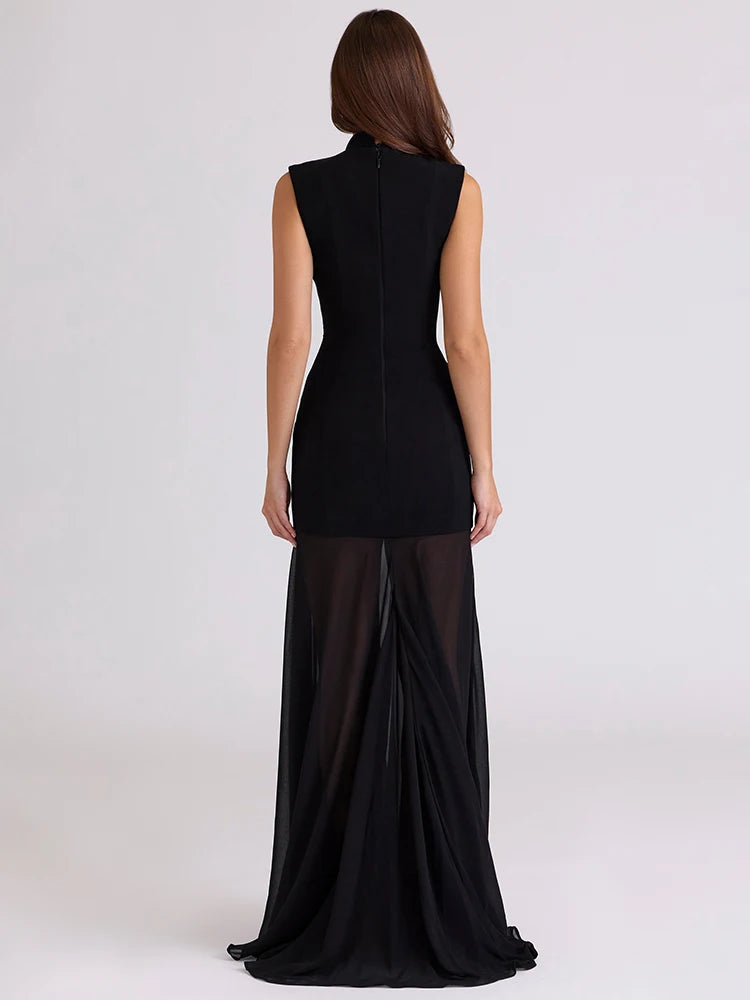 Hollow Out Sleeveless Sexy Maxi Dress Women Gown Elegant Half High Collar High Waist Bodycon Club Party Long Dresses