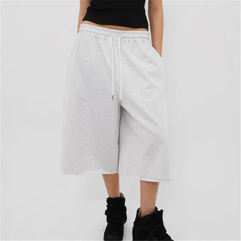 Ladies Raw Edge Bermuda Sweat Pants Elastic Drawstring Waist Loose Wide Leg Casual Knee Length Capri Jogger Trousers