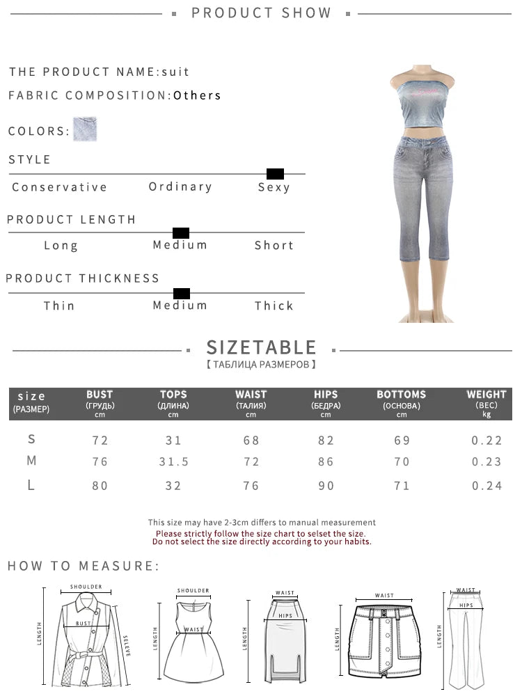 Fake Denim 2 Piece Set Woman Letter Print Wrap Chest Backless Tank Tops+Elastic Waist Crop Pants Sexy Fashion Suits