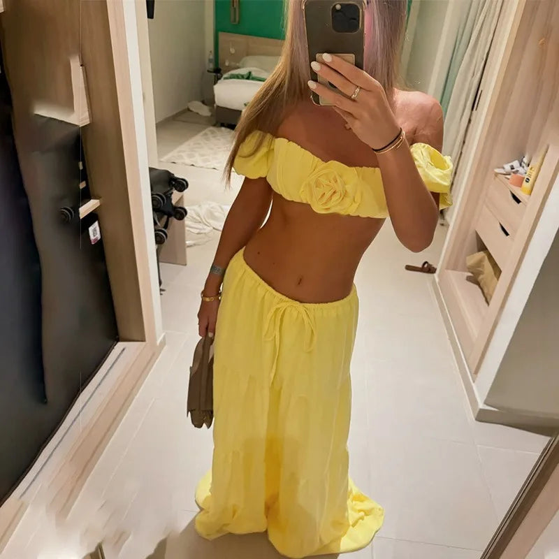 White 2 Pieces Set for Woman Beach Vacation Outfits Off Shoulder Tube Top and Long Skirt Matching Sets