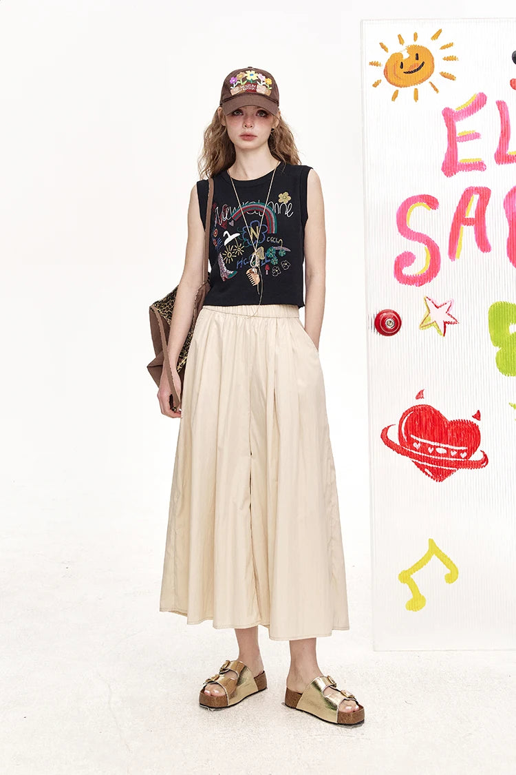 Elastic Waist Pleated Side Pocket Wide Leg Cropped Pants for Women