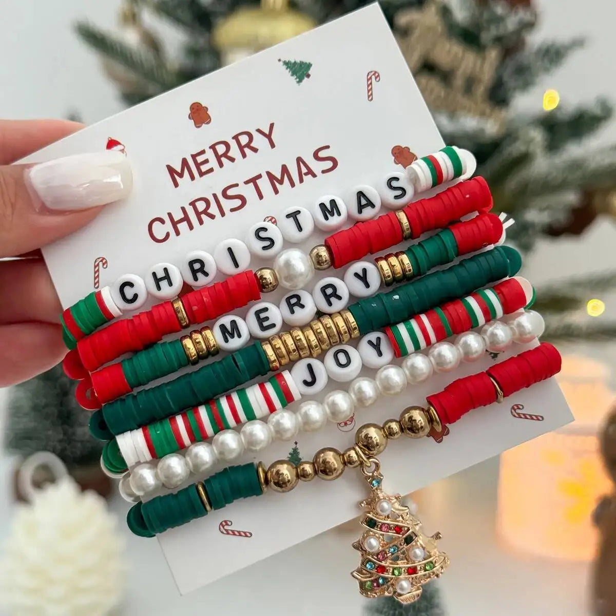 Christmas Tree Pendant Bracelet Set for Women, Colorful Rhinestones, Beaded Jewelry Gift, Merry Christmas, 7Pcs, 2026