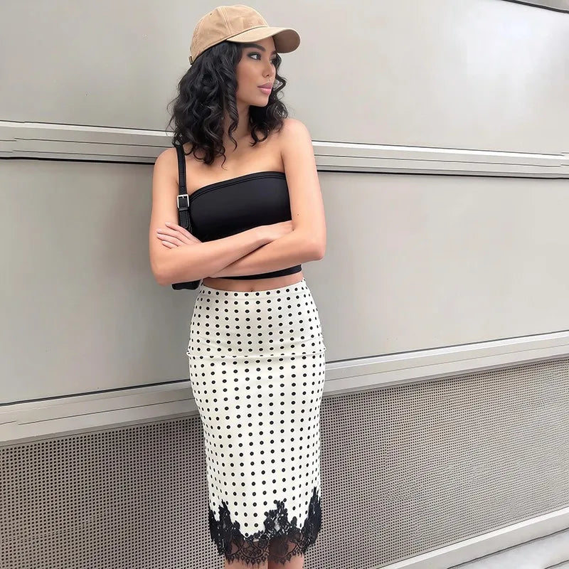 White Polka Dot Midi Skirt with Black Lace Trim Hem Elegant Woman Clothing Fishtail Skirts