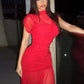 Mesh Sleeveless Sexy Maxi Dress Women Gown Elegant Half High Collar High Waist Bodycon Ruched Club Party Long Dresses