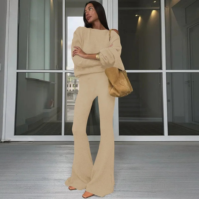 Women 2 Piece Set Outfit Cozy Knit One Shoulder Long Sleeve Top High Waist Flare Pants Set Winter Woman 2026