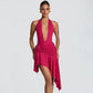 Halter Deep V Neck Backless Asymmetric Mini Dress with Ruched Handkerchief Hem Sexy Party Dresses