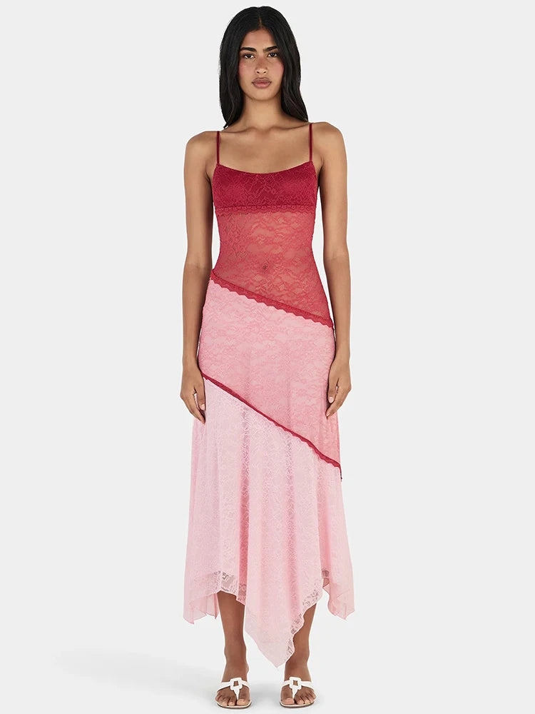 Women Color Block Lace Sexy Midi Dress Spaghetti Strap Sleeveless Asymmetrical Hanky Hem Party Beach Vacation Dresses