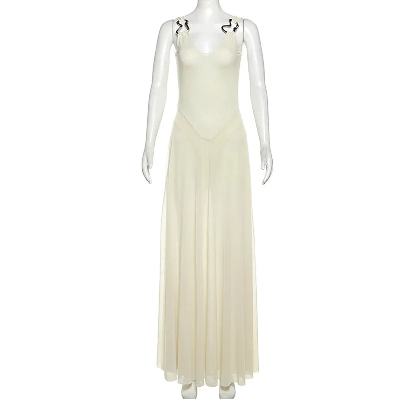 Elegant Mesh Deep V Sleeveless Backless Maxi Dress Sexy Summer Wedding Guest Party Dresses Woman 2025