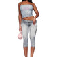 Fake Denim 2 Piece Set Woman Letter Print Wrap Chest Backless Tank Tops+Elastic Waist Crop Pants Sexy Fashion Suits